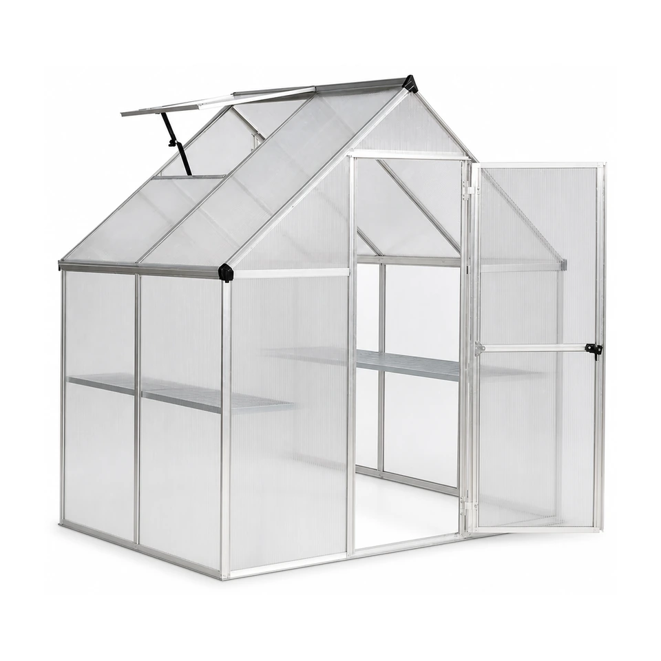 Palram Nature 6 foot wide greenhouse with twin-wall polycarbonate panels and aluminum frame in a backyard
