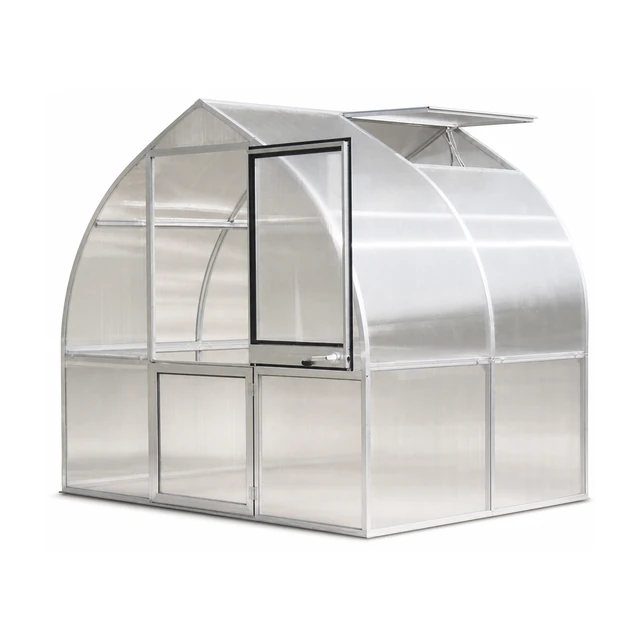 RIGA garden greenhouse with glazed panels assembled on a backyard lawn