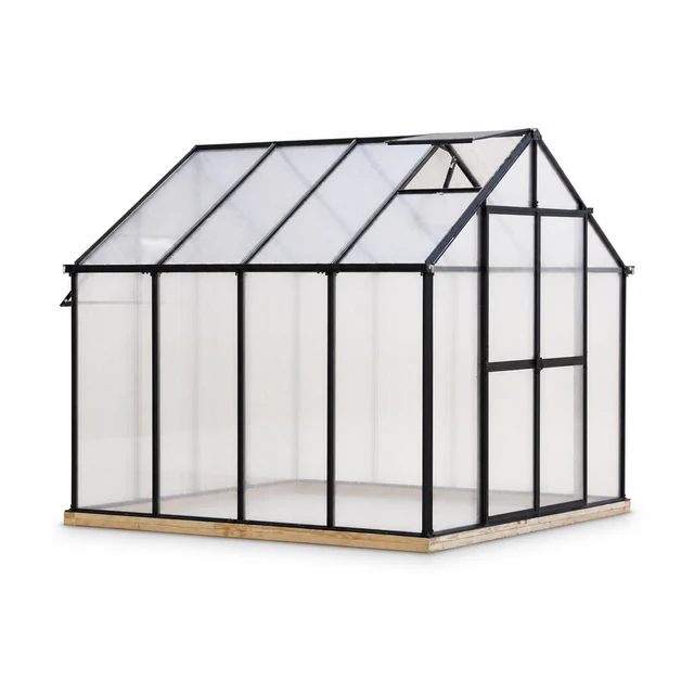 Riverstone MONT garden greenhouse with full panel glazing installed in a backyard